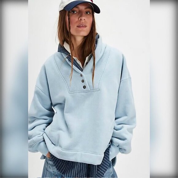 NEW Free People Mia Henley Sweatshirt Blue Womens XL Shawl Collar Fleece Cozy - Picture 1 of 14